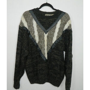 Vintage Front Line Sweater Medium Gray‎ Black Chunky Cable Knit Leather Trim 80s